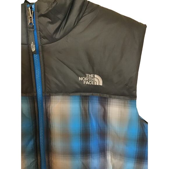 The North Face Puffer Down Vest Boys Size XL 18/20 Blue Plaid Full Zip Pockets - Picture 2 of 6